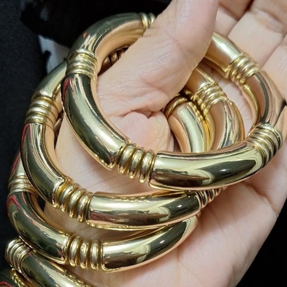 Retro Gold bamboo Bangle bracelet set (3) 14k gold plated brand new jewe… - Picture 2 of 2